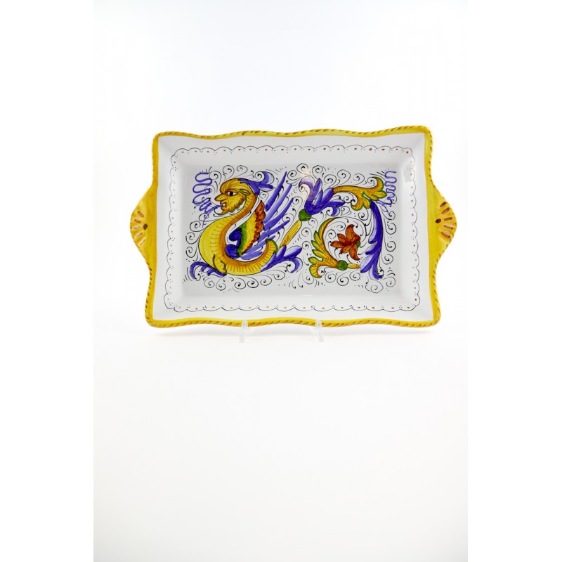 Vassoio rettangolare con manici , da portata 36xh24xh5,5 cm In ceramica  Bianca bordo doppio TORINO - decoro bianco panna, LUCE CERAMIC