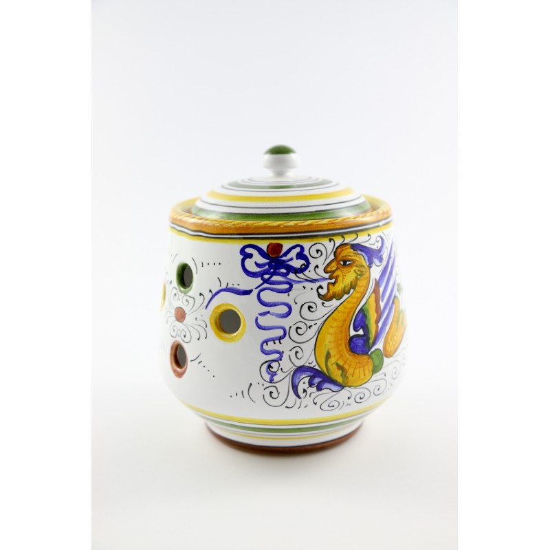 Barattolo porta cipolla con fori laterali in ceramica dipinto a mano.